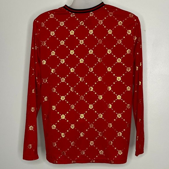 Drill Clothing - men’s red long sleeve metallic gold tiger print T-shirt - Picture 2 of 6